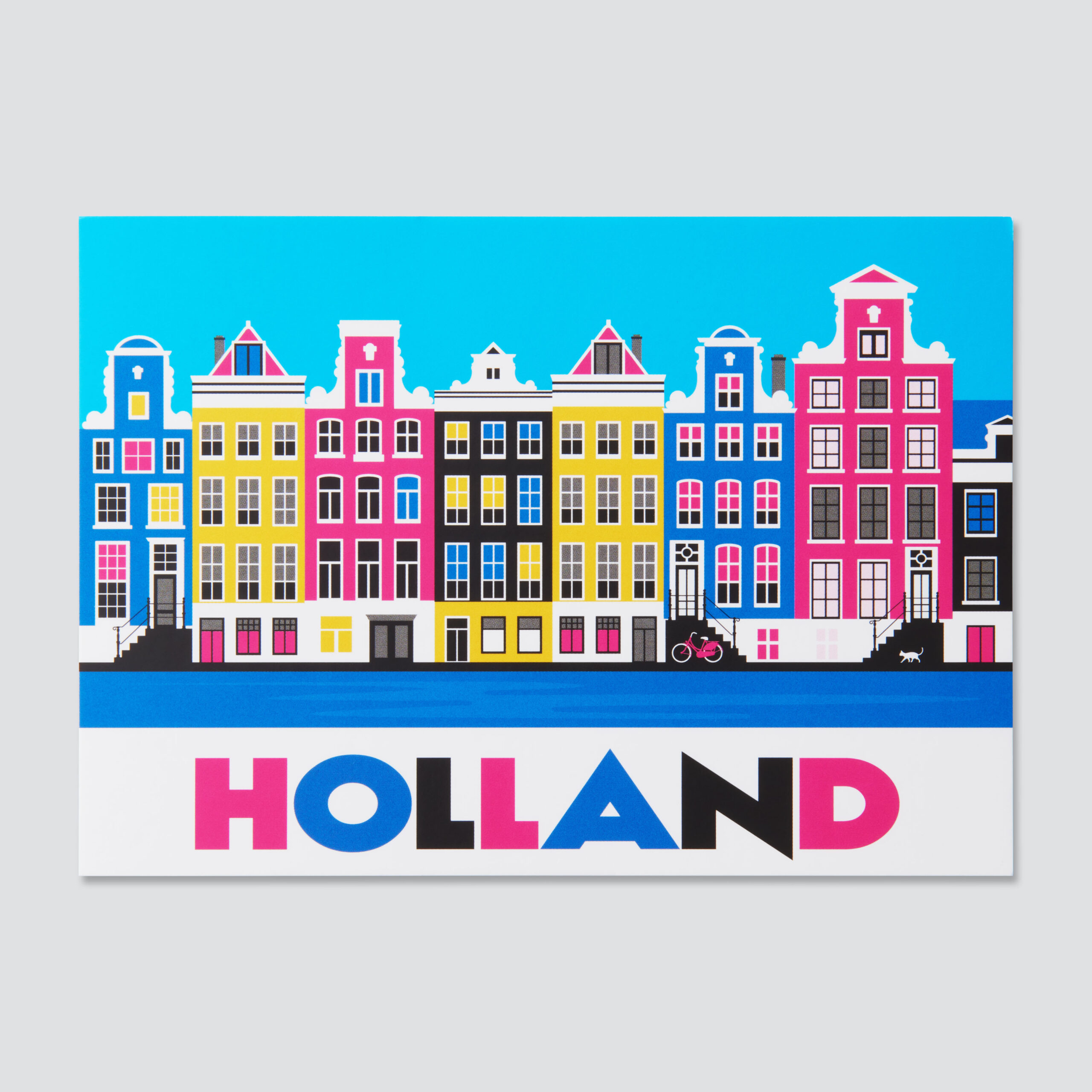 216 A6 postcard Holland Canal Houses Colors, Bike & cat