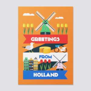 220 A6 postcard Holland dutch flag with icons, Tulips, Cheese & Canal Houses
