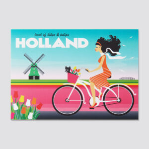 222 A6 postcard Holland Bike girl tulip field, mill