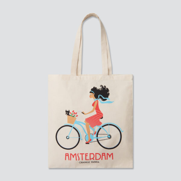 557 canvas bag Amsterdam bike girl with dog and tulips printed on 2 sides